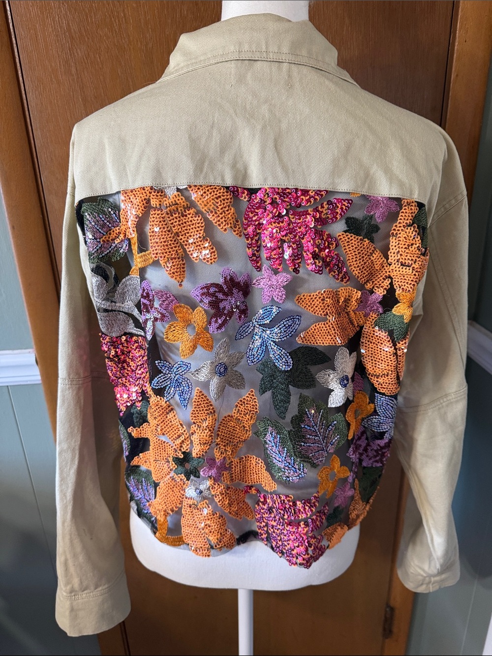 Sequin Beige Women’s Jean Jacket with Embellished Pocket and Sequin Back Size L